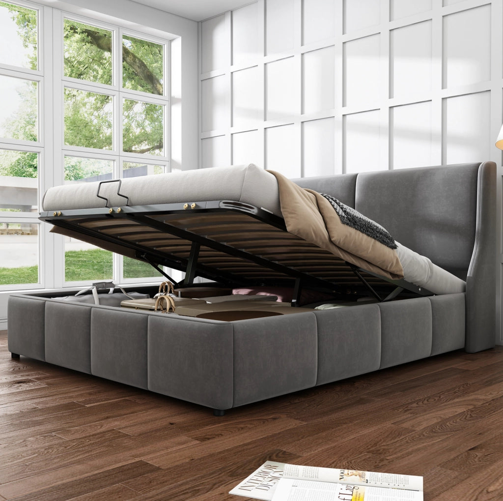 Letto imbottito con contenitore; design a orecchie; 140x190 cm; velluto grigio