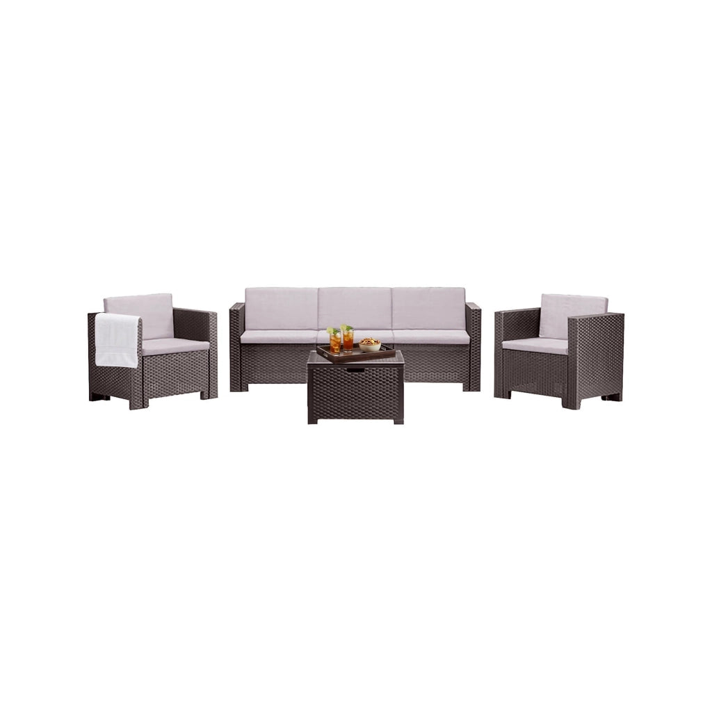 Set salotto da esterno Cameri, Salottino outdoor, Set da balcone o giardino, Composizione soggiorno per esterni, Made in Italy, Marrone