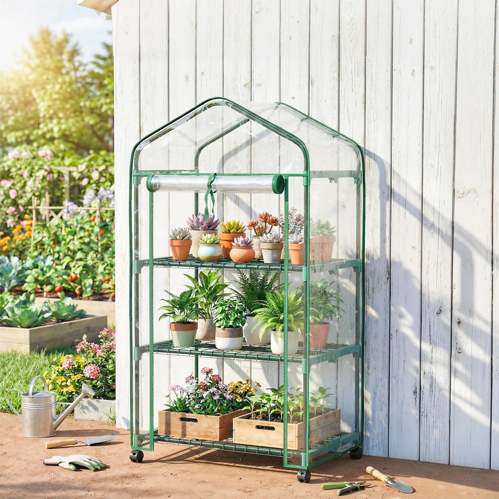 Serra da giardino con 3 ripiani, copertura in PVC, porta a rullo ¨C zephmum ¨C trasparente 69x49x130 cm