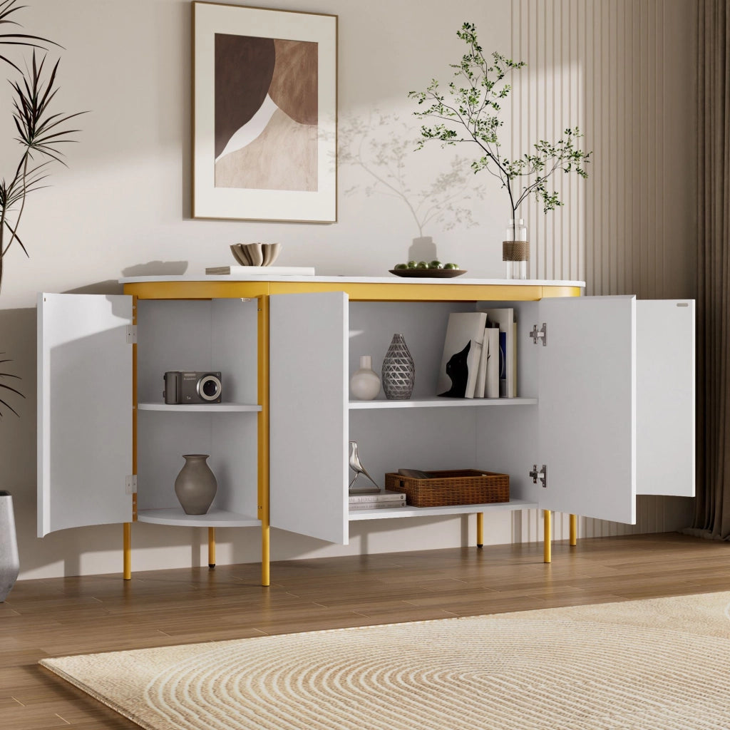Credenza da 4 ante, mobile da ingresso, in MDF, con gambe in metallo, angoli arrotondati, colore bianco