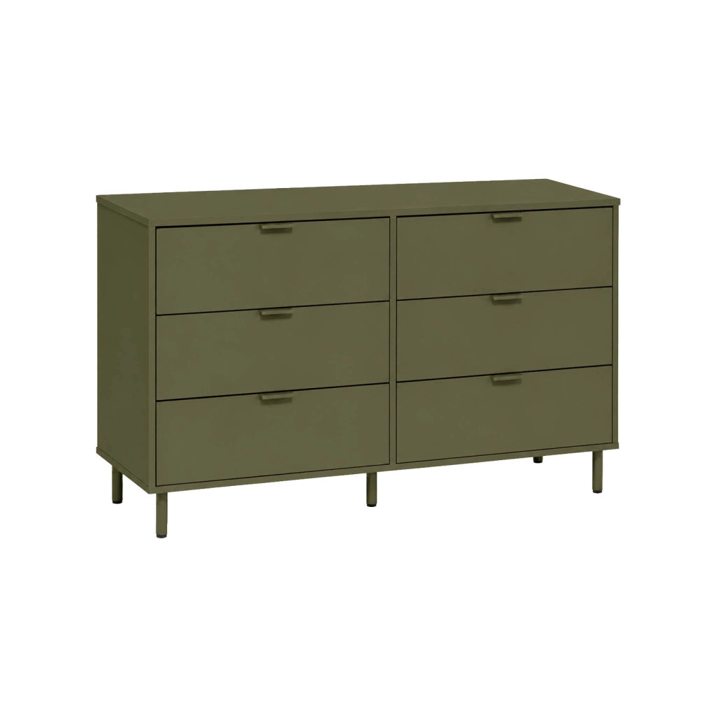 Cassettiera decorativa in legno e metallo, 6 cassetti, verde kaki