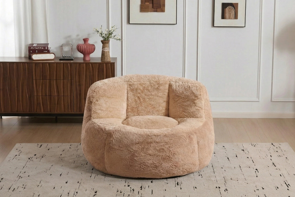 Pouf in pelliccia sintetica con imbottitura in schiuma sminuzzata e maniglia per soggiorno multicolore