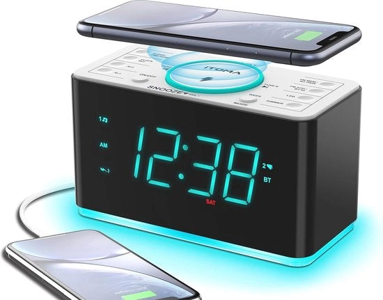 Radio Portatile con Ricarica Senza Fili, Bluetooth, Funzione Allarme Doppia e Radio FM