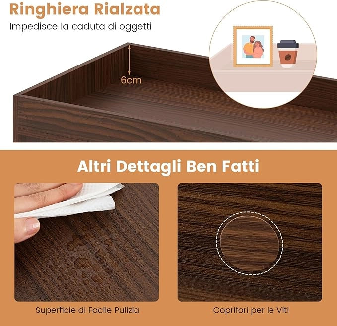 Tavolino da Salotto a 3 Ripiani con Ruote, Tavolino Caffè Laterale in Legno per Soggiono e Studio, Mobile Porta Stampante per Casa e Ufficio, 76 x 39,5 x 55 cm, Noce