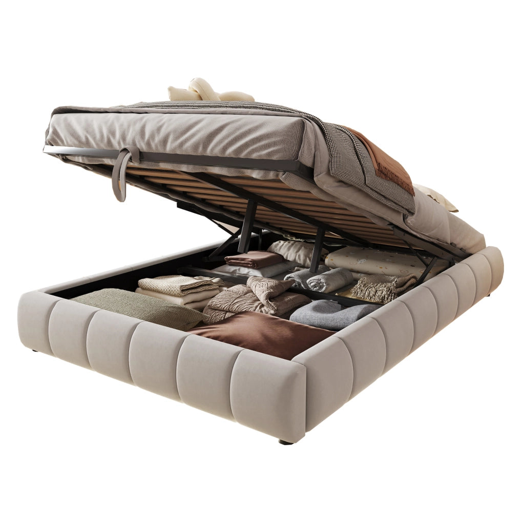 Letto imbottito 140x200 cm con vano contenitore LED beige