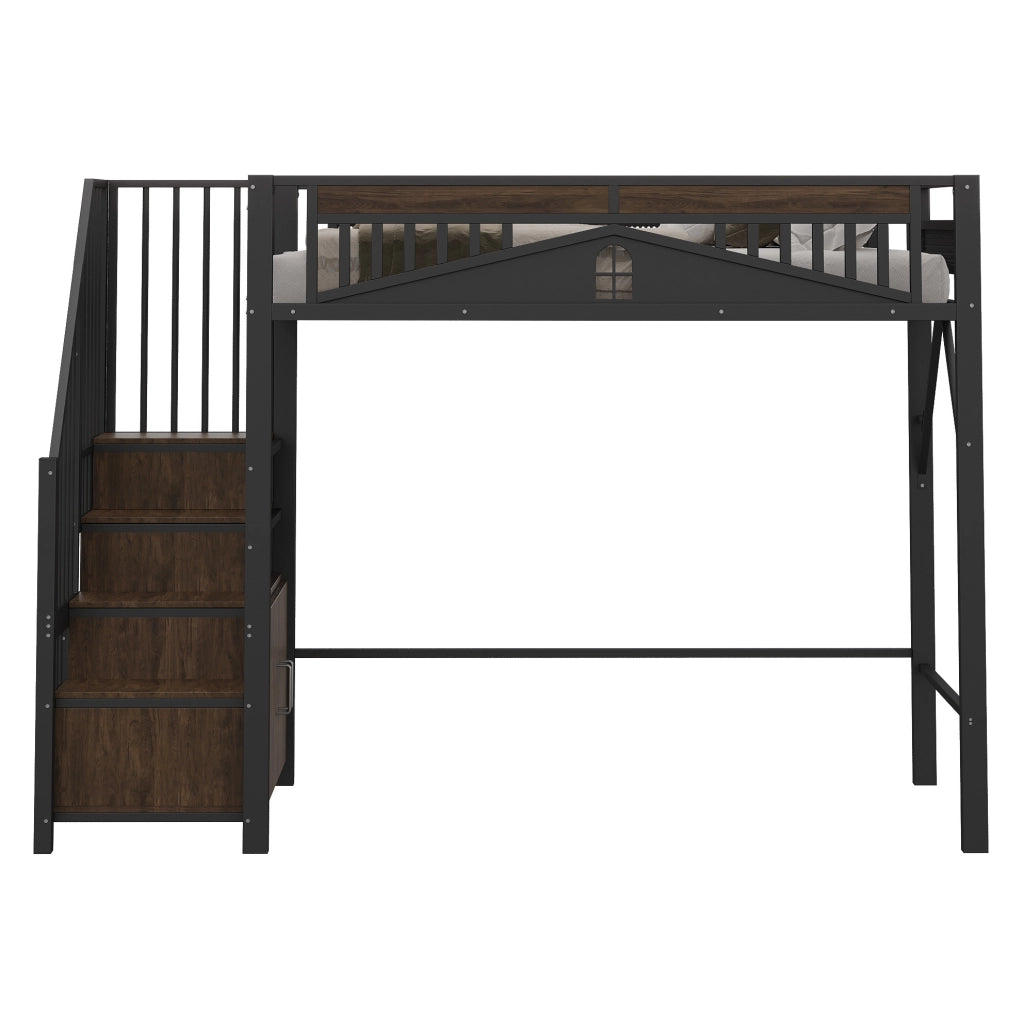 Letto a soppalco 90x200 cm con scala; contenitore e finestra in metallo e legno nero