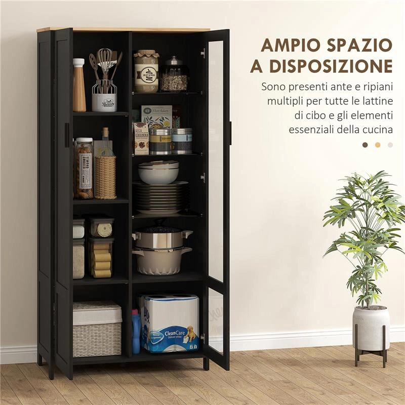 MOBILE DISPENSA CUCINA IN LEGNO A 9 RIPIANI REGOLABILI CON ANTE IN VETRO 76X36X160 CM NERO E COLOR LEGNO