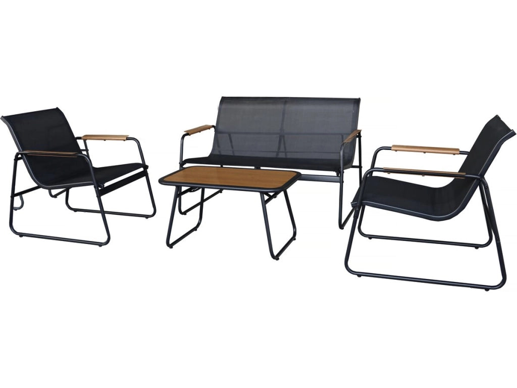 Set di mobili da giardino in metallo "Sparta" con decori in finto legno - 4 posti - Nero