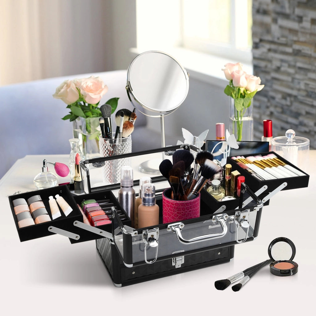 EasyComfort Valigetta Porta Trucchi Professionale da Viaggio, Valigetta Trucchi con Vassoi Estraibili e Serratura, per Makeup Beauty Case Donna Viaggio, 30x18.5x22 cm, Nero