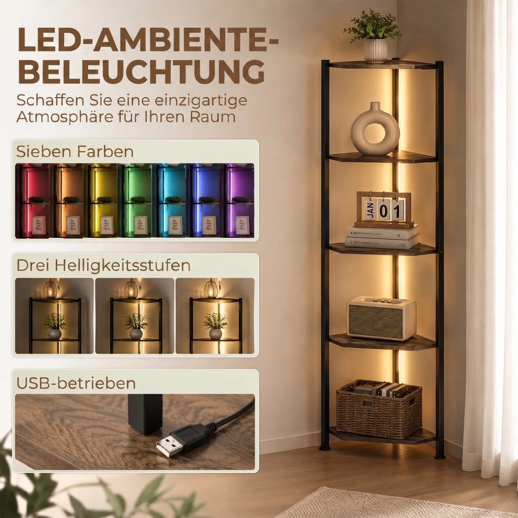 Libreria angolare 5 livelli con LED ¨C zephmum ¨C Rustico Marrone 100x30x200