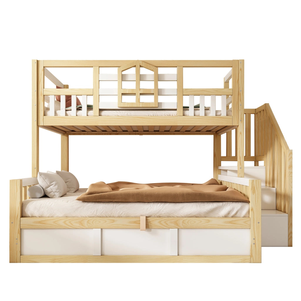 Letto a Castello per Bambini 90+140x200 ¨C MINIMAL ¨C Bianco/Legno Naturale, Idraulico, Contenitore, Doghe, Rete