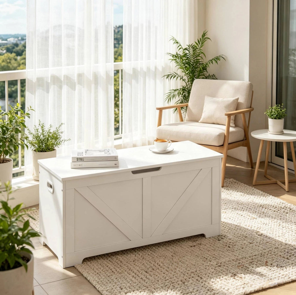Panca contenitore ULEVR 100x40x47 cm con coperchio a cerniera, 76 L, bianca