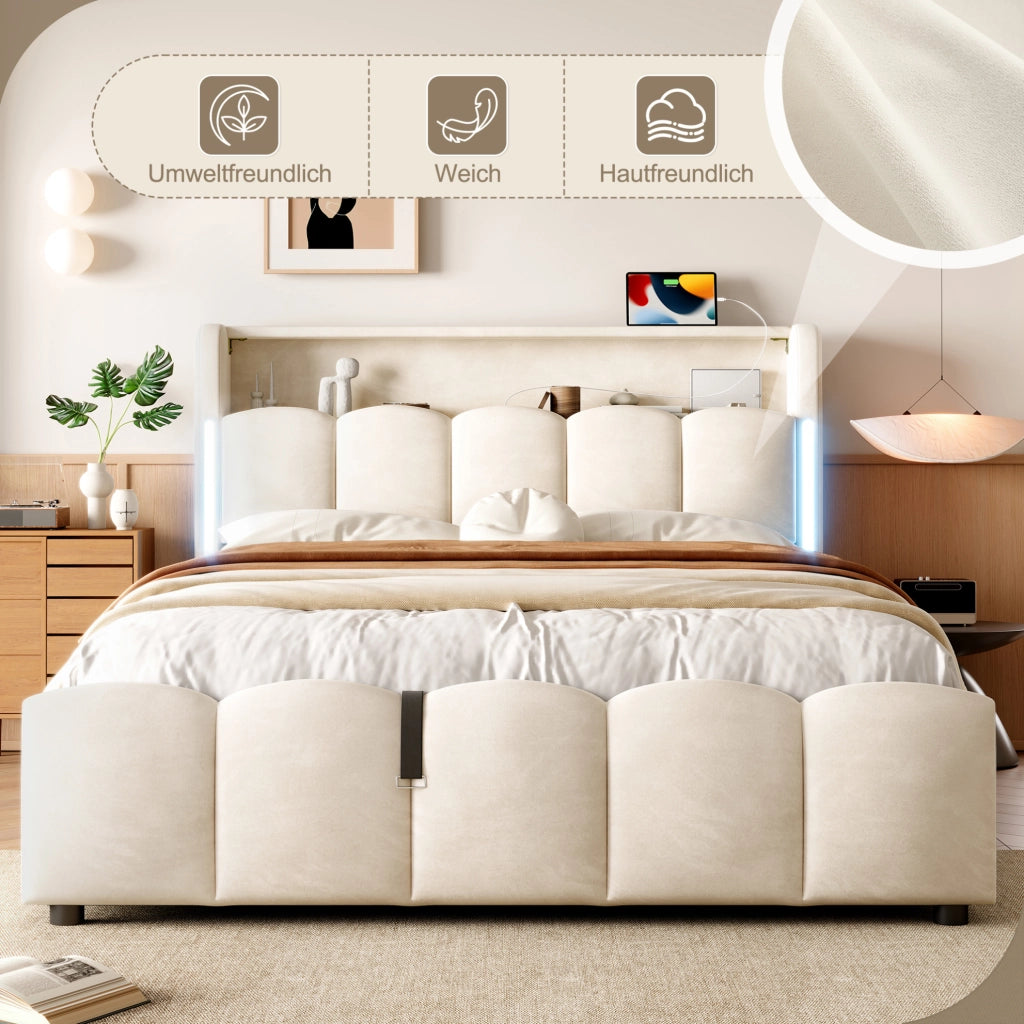 Letto imbottito 140 x 200 cm con contenitore idraulico; LED; USB e Type-C; velluto beige