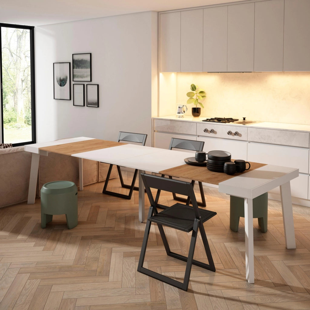 Consolle allungabile, 302x90x73cm, Per 14 persone, Gambe in legno, colore Rovere e bianco RF3103