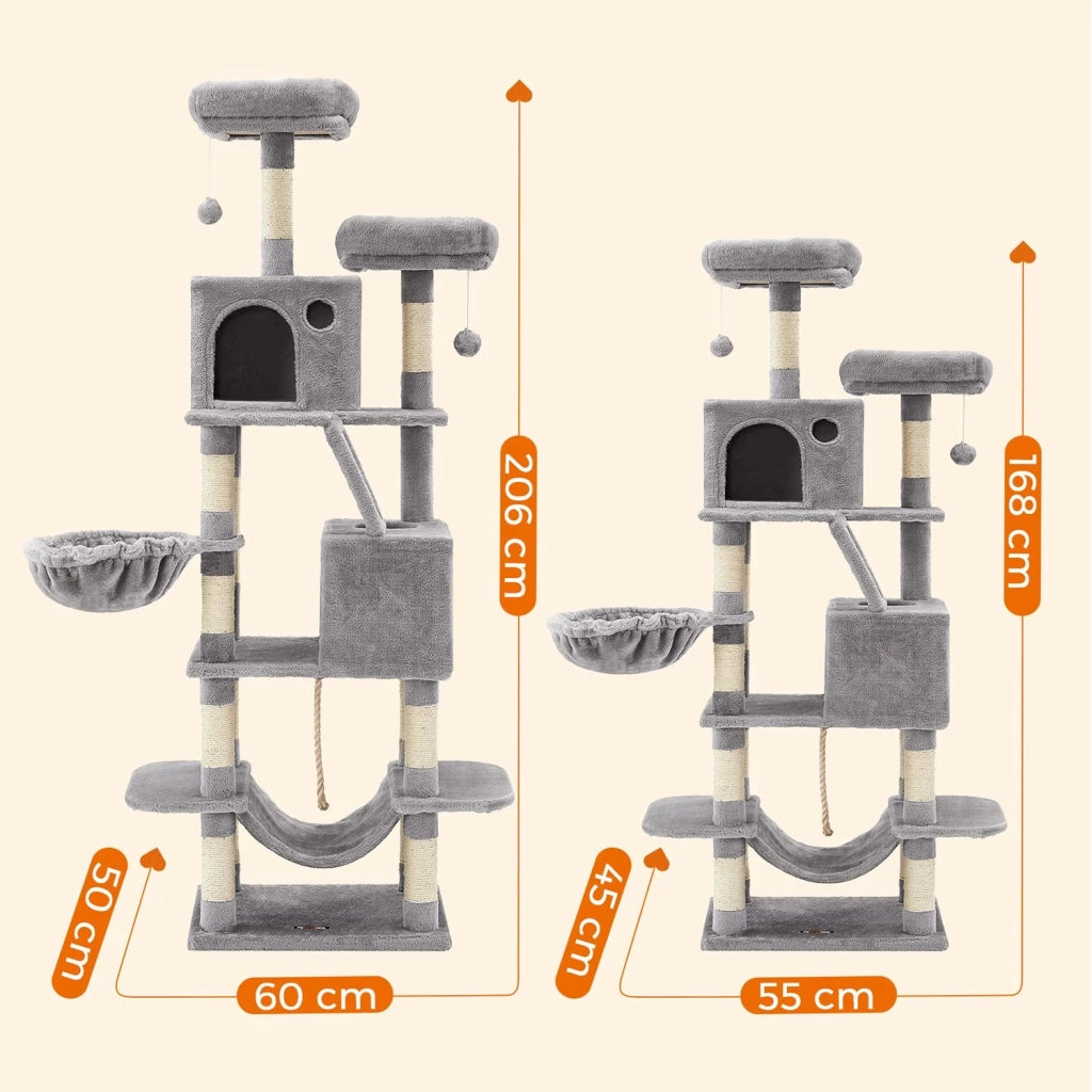 Tiragraffi grande torre gioco altezza 168 cm con 13 tiragraffi 1 tavola tiragraffi 2 piattaforme 2 nicchie cesto amaca pompon tessuto peluche multilivello grigio 12_0003840