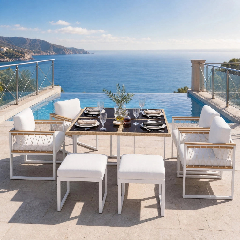 Set da pranzo da esterno 6 posti con tavolo 117x117 cm; vetro temperato e dettagli rattan