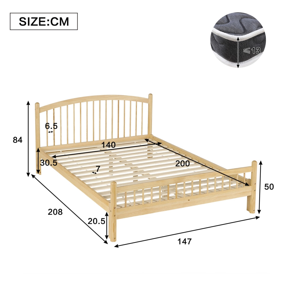 Letto in legno 140x200 cm con testiera e pediera a griglia; colore naturale e beige