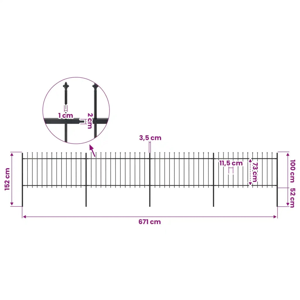 Recinzione da Giardino con Punta a Lancia in Acciaio 671x100 cm Nero 277614