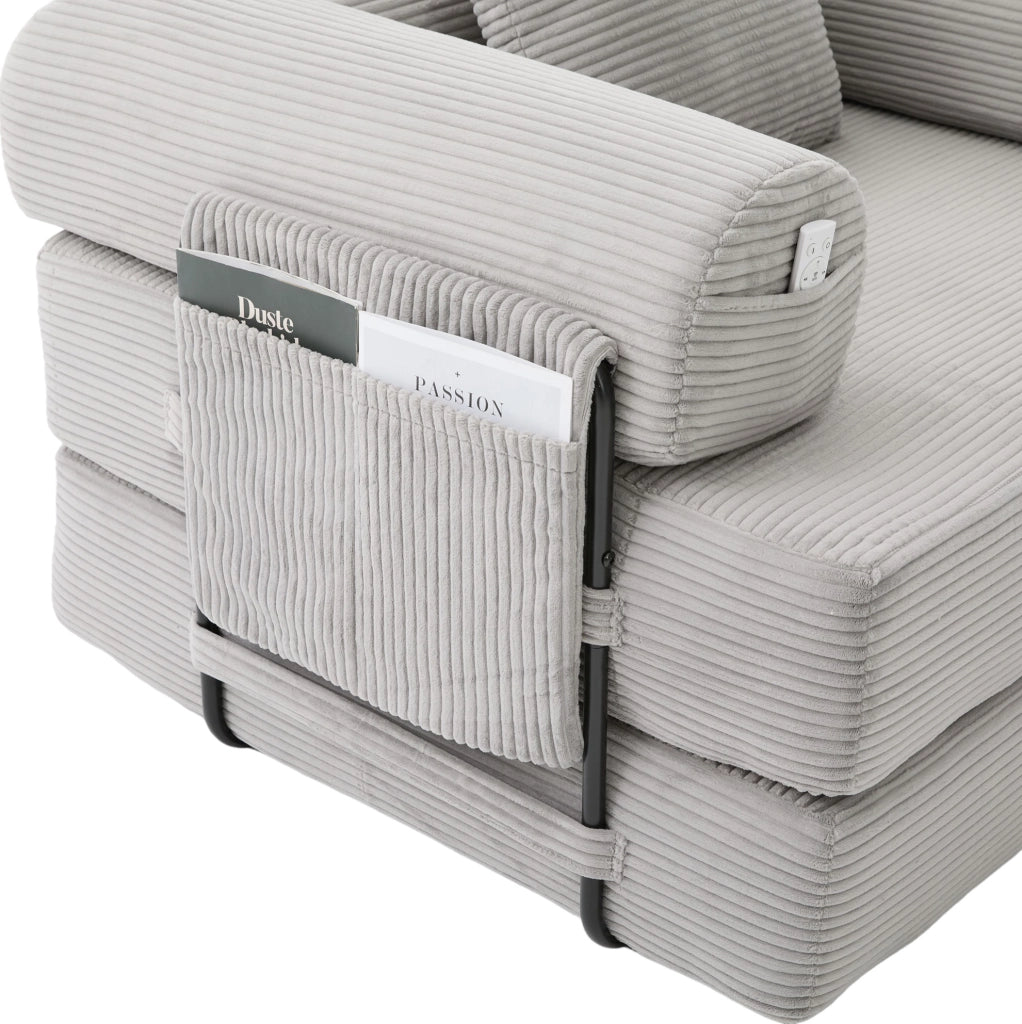 Divano modulare in velluto a coste grigio chiaro con pouf, cuscini e tasca laterale salvaspazio