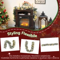 Ghirlanda Natalizia Ø25x180 cm con 50 Luci LED, Bacche e Pigne, in Plastica e Metallo, Verde e Bianco