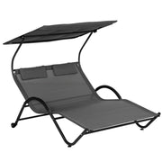 LETTINO PRENDISOLE RECLINABILE A 2 POSTI CON RUOTE, POGGIATESTA IMBOTTITO E TETTO, 200X137X138 CM, GRIGIO