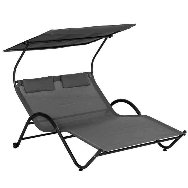 LETTINO PRENDISOLE RECLINABILE A 2 POSTI CON RUOTE, POGGIATESTA IMBOTTITO E TETTO, 200X137X138 CM, GRIGIO