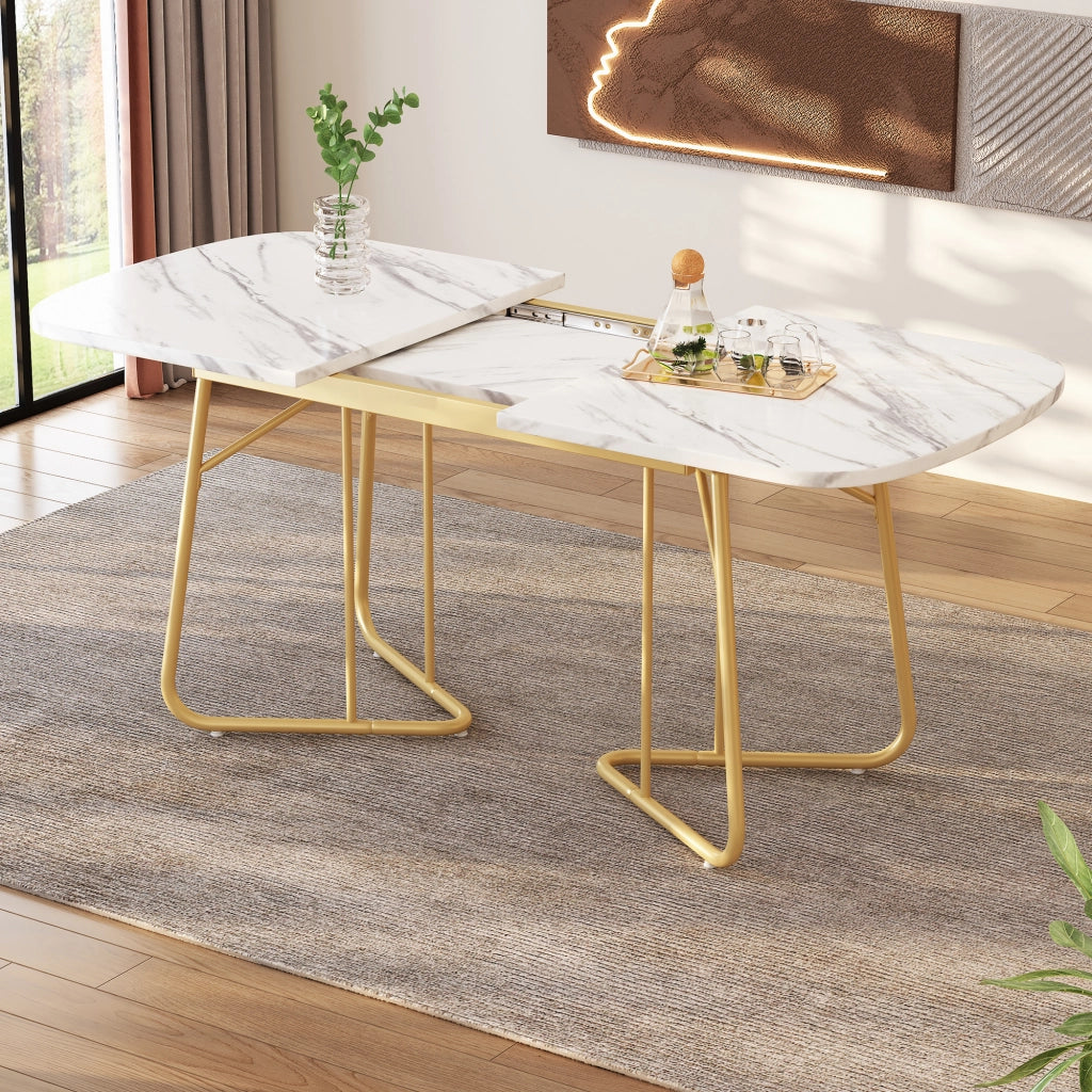Tavolo allungabile da pranzo in MDF effetto marmo bianco con gambe in metallo dorato per sala da pranzo moderno