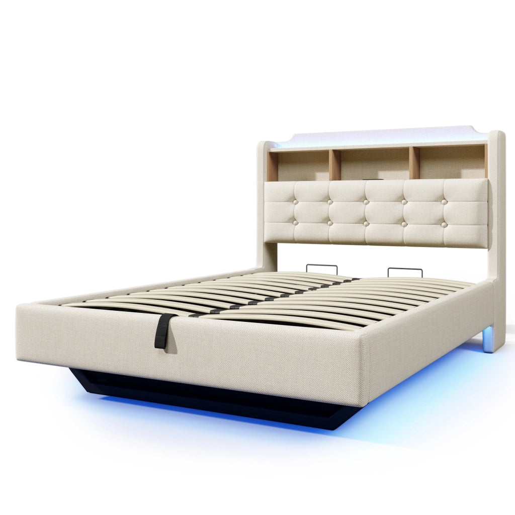 Letti contenitori 140x200 cm; con LED e contenitore idraulico; in lino; beige (Senza materasso)