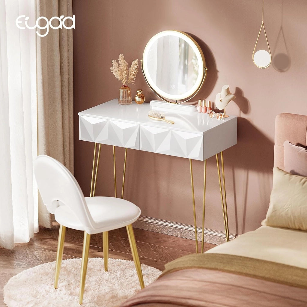 EUGAD Toeletta da Trucco con Luci LED, Luminosità Regolabile, Postazione da Trucco con Sedia in Velluto, con 2 Cassetti, Assemblaggio facile, Bianco e Dorato
