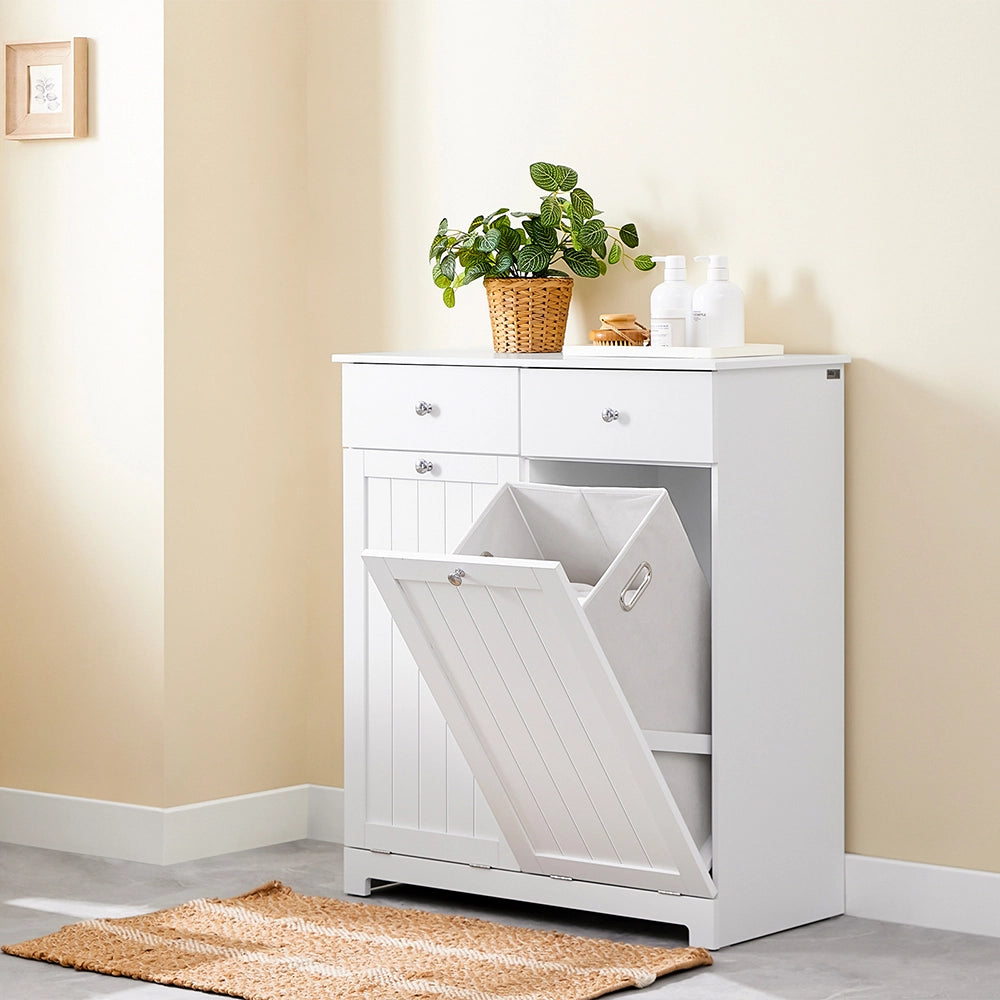SoBuy Mobiletto bagno con portabiancheria - Mobile bagno salvaspazio con 2 cassetti e 2 sacchi estraibili - Mobiletto lavanderia per ingresso o cucina in Legna, Bianco, 78 x 38 x 90 cm, BZR33-II-W