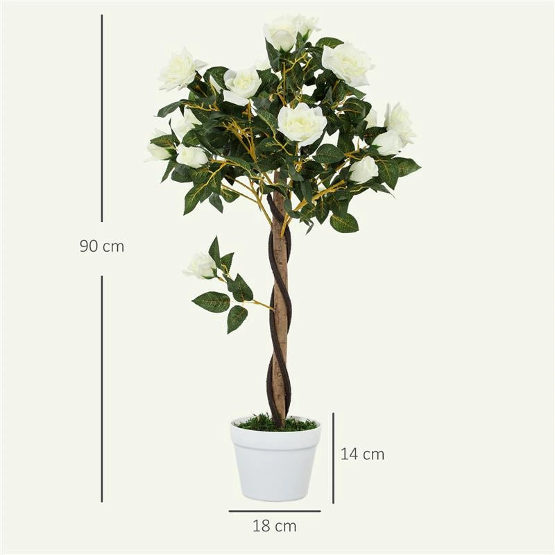 PIANTA FINTA DI ROSA DA 21 FIORI CON VASO RIEMPITO IN CEMENTO E MUSCHIO, Ï18X90 CM, BIANCO