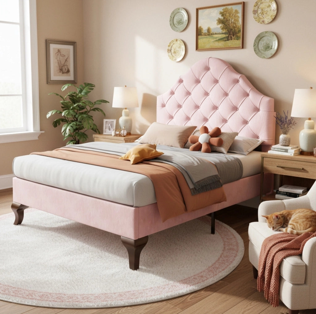 Letto imbottito 90x200 cm in velluto rosa con testiera regolabile e rete a doghe