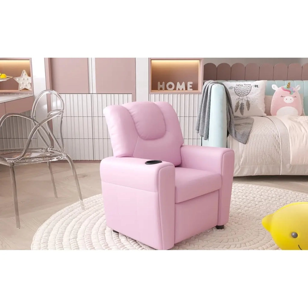 Mini poltrona relax ITCHI reclinabile manualmente in materiale PU di colore rosa.