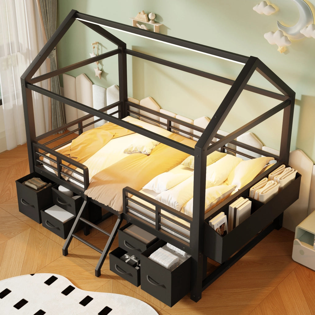 Letto a soppalco 90x200 cm in metallo e MDF; struttura a casetta con cassetti; nero