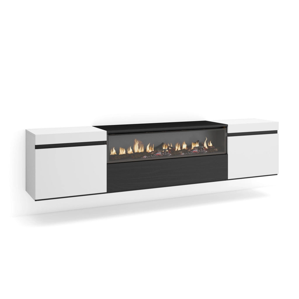 Mobile TV, 200x35x45cm, soggiorno, Per TV fino a 80", Camino elettrico, da appendere, Bianco e nero RF2171