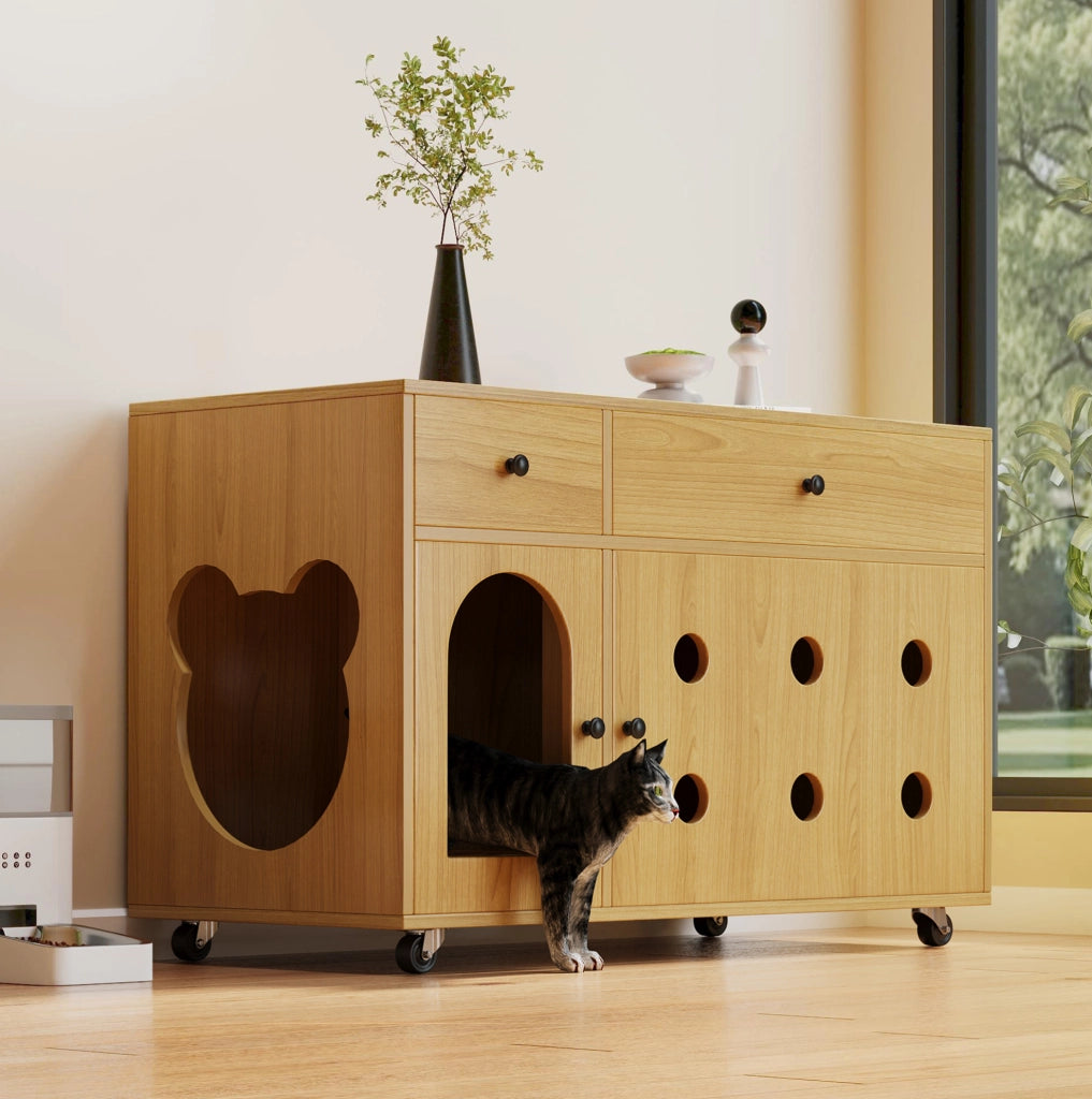 Mobile per lettiera per gatti 100x45x66 cm con cassetti; vassoio raccogli-sabbia amovibile; naturale