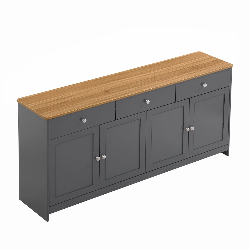 Credenza in MDF con 3 cassetti, 4 ante e ripiani regolabili, stile country, legno e grigio nero 160 × 37 × 75 cm