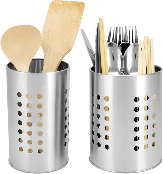 Organizzatore da Cucina in Acciaio Inossidabile Set di 2 - Contenitore per Coltelli - Contenitore per Spatola e Cestino per Cucchiai - (Argento 16 cm & 18 cm)