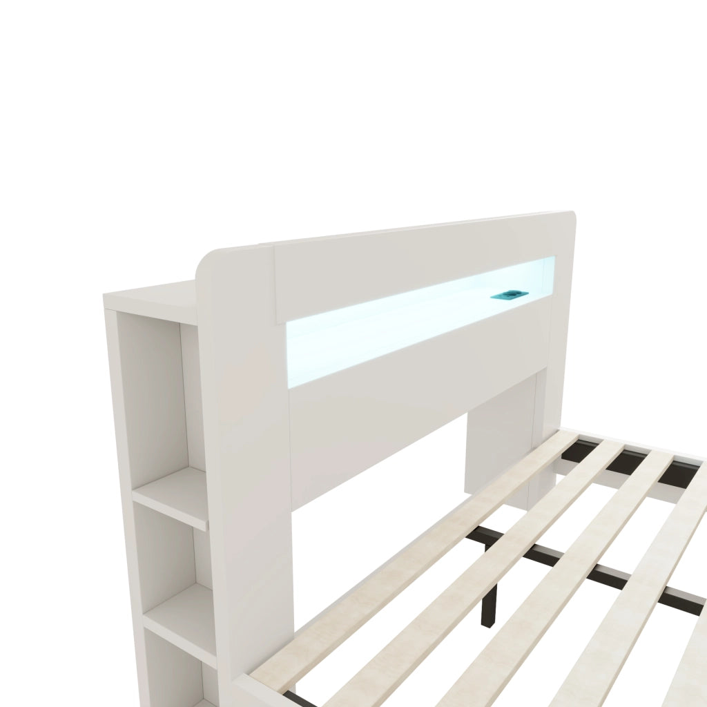 Letto matrimoniale 140×200 cm con testiera con ripiani; LED e prese; senza materasso; legno; bianco