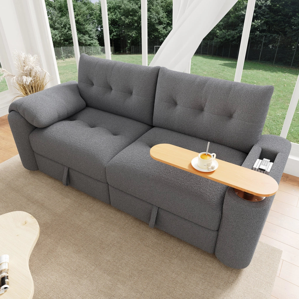 Divano modulare compatto con contenitore poggiatesta e tavolino girevole in teddy grigio 207,5 × 80 × 87 cm
