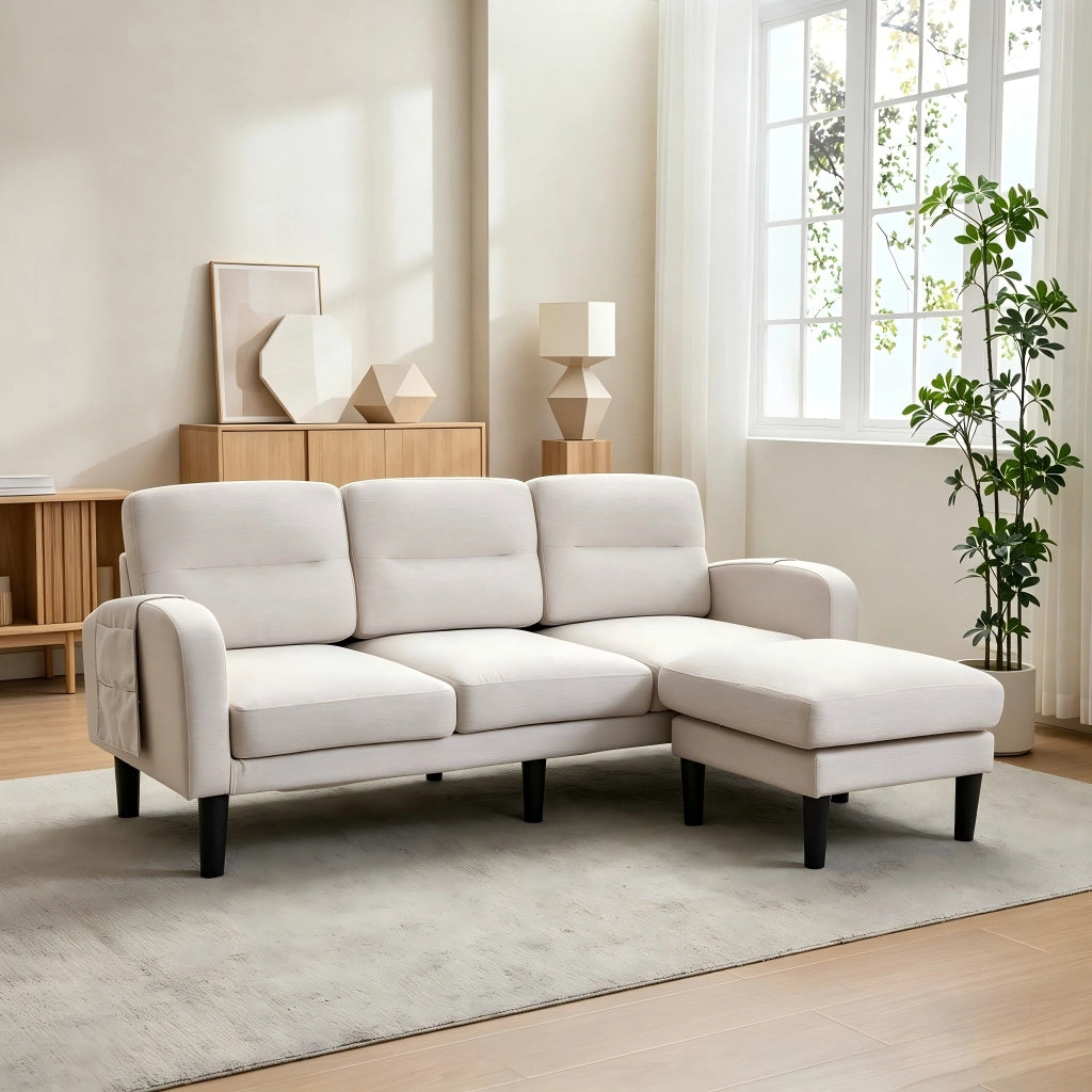 Divano ad angolo, divano a L a 3 posti, con poggiapiedi, 204x136x80 cm, beige