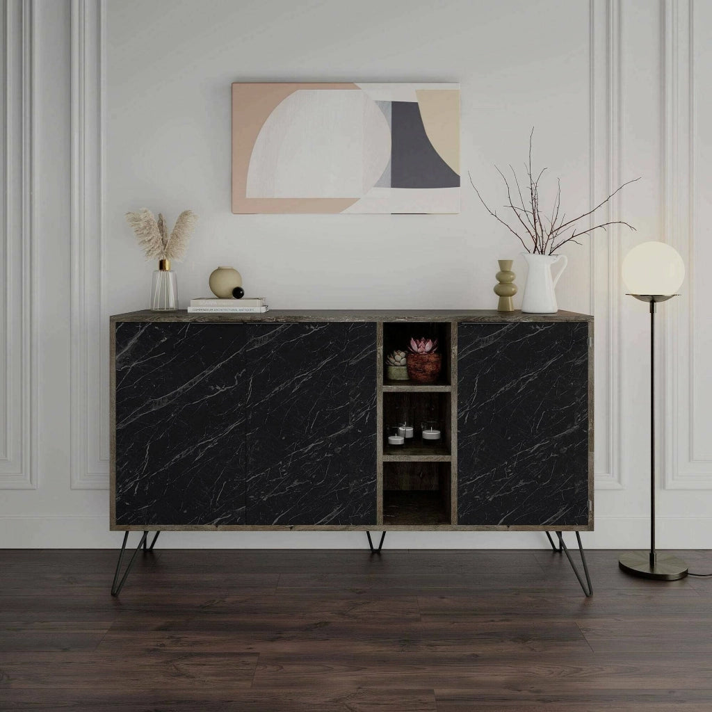 Credenza Alin, Buffet da soggiorno, Madia da salotto, Dispensa da cucina, 142x36h83 cm, Ossido e Nero Marmo