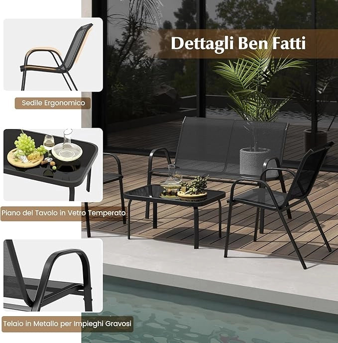 Set Tavolo e Poltrona da Giardino, Set di Mobili 4 Pezzi per Esterno, con Tavolino in Vetro Temperato, Panca e 2 Poltrone, per Giardino Balcone Piscina (Grigio)