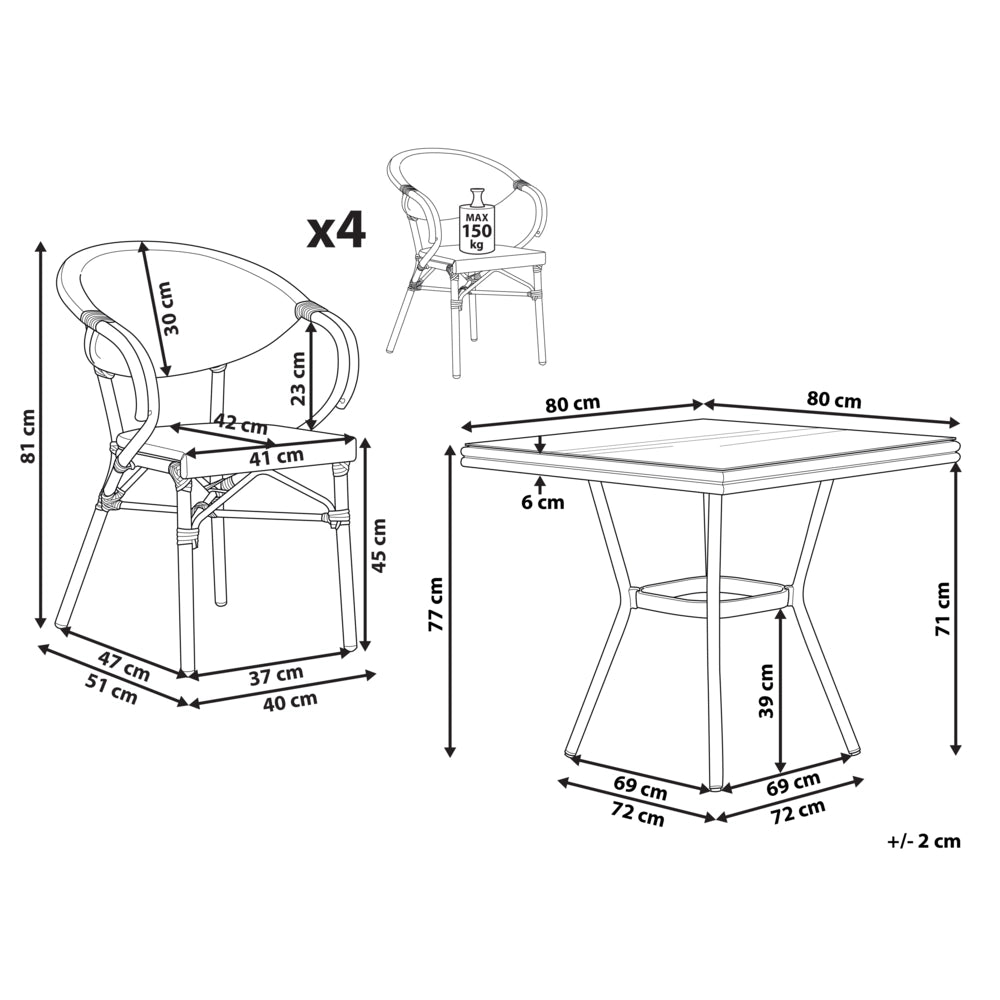 Set da pranzo da giardino a 4 posti in rattan marrone scuro e alluminio Bianco e blu struttura in alluminio