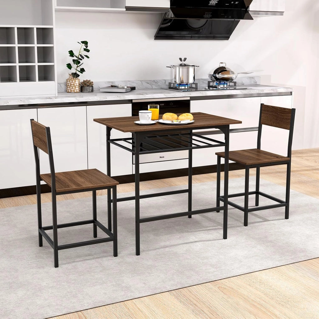 Set da Pranzo per 2 Persone, Set da 3 Pezzi di Tavolo Rettangolare in Legno e Sedie con Struttura in Metallo e Ripiano di Stoccaggio, per Angolo Colazione e Sala da Pranzo (Marrone)