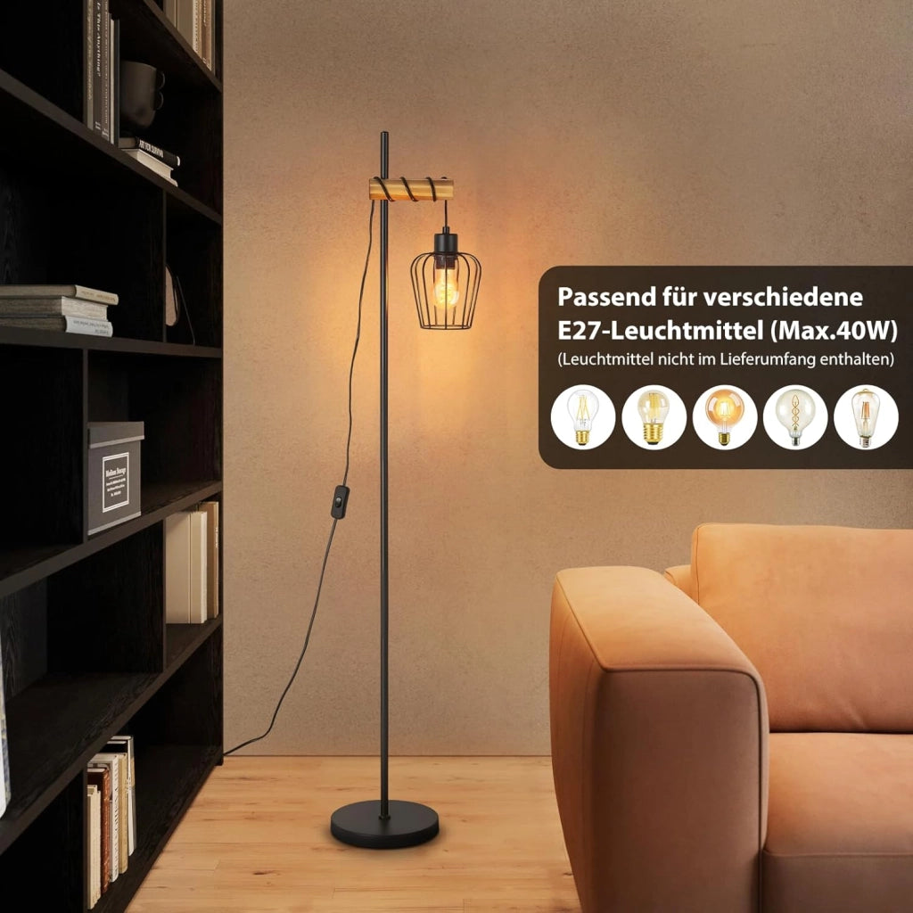 ZMH Lampada da terra vintage legno nera metallo industriale E27 146cm per soggiorno senza lampadina