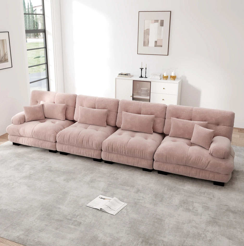 Divano modulare in ciniglia rosa con seduta profonda; 406 x 77 x 81 cm