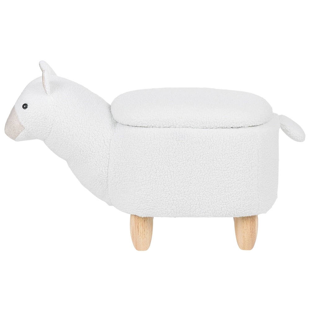 Sgabello per bambini Animale Alpaca Tessuto in poliestere bianco Gambe in legno imbottite contenitore Poggiapiedi per asilo nido