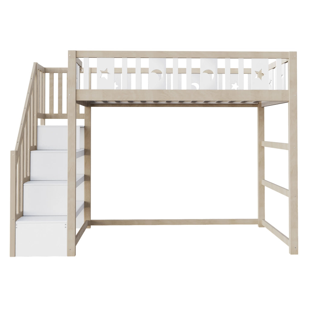Letto a soppalco 90x200 cm con scala; ripiani e decori luna e stelle in legno naturale e bianco