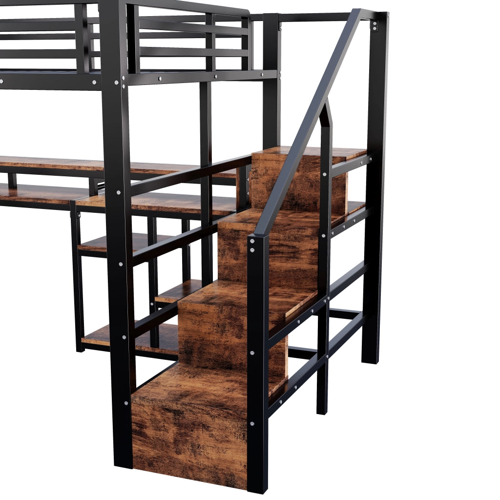 Letto a soppalco 140×200 cm con scala; ripiano; USB e Type-C; LED; senza materasso; metallo; nero